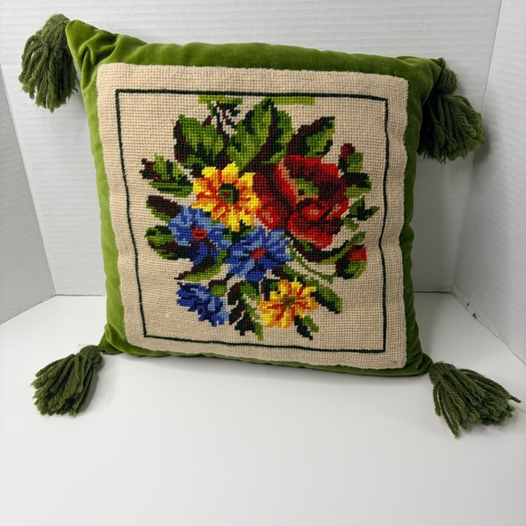 Other - Vtg Floral Needlepoint Pillow Green Velvet Tassels Handmade Boho Cottagecore 70s